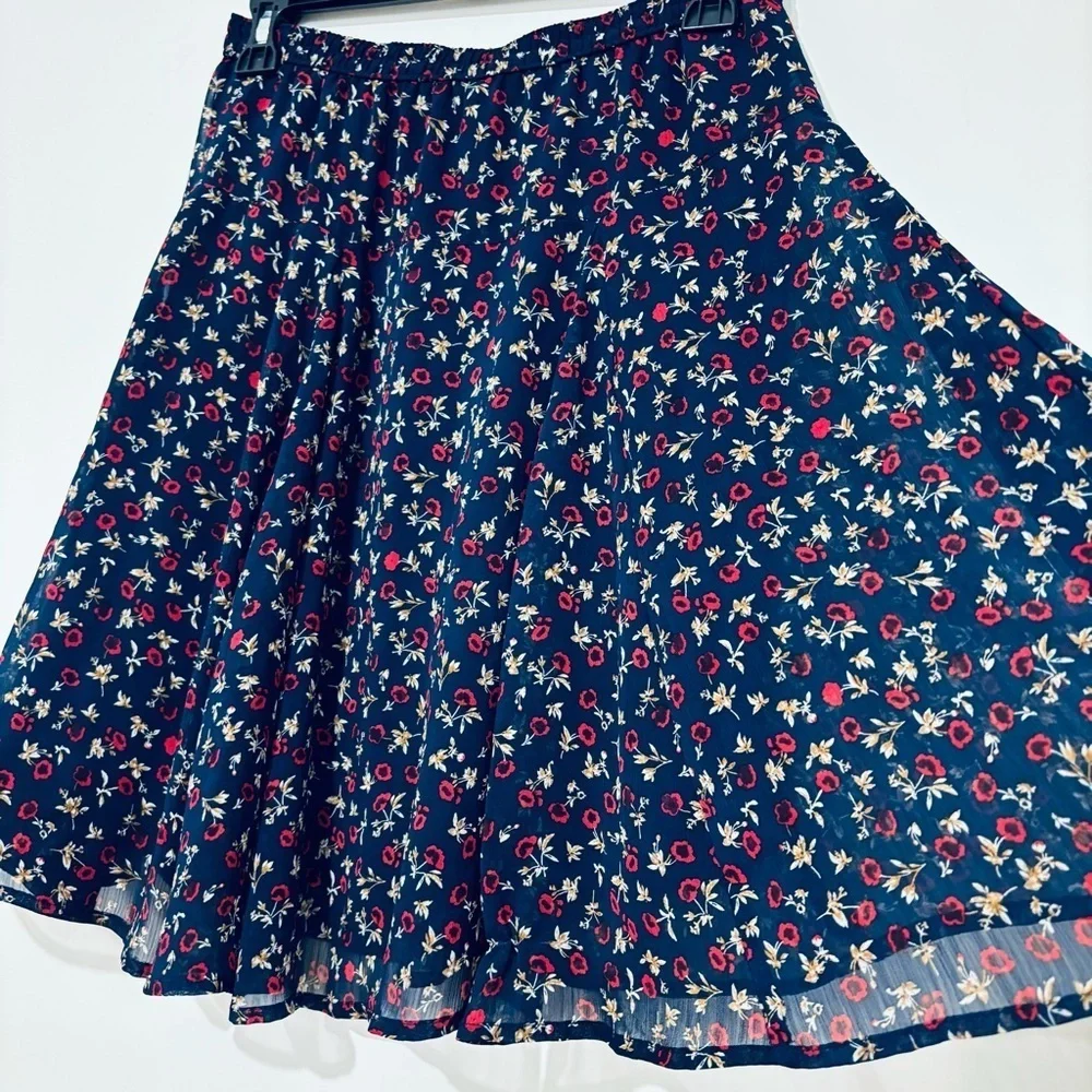 Old Navy XS Floral Navy blue red A Line Pull On chiffon flirty preppy mini skirt